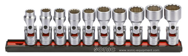 Sonic Equipment  Kardan-Stecknusssatz 3/8" 12-kant auf Steckleiste 10-tlg. 201014